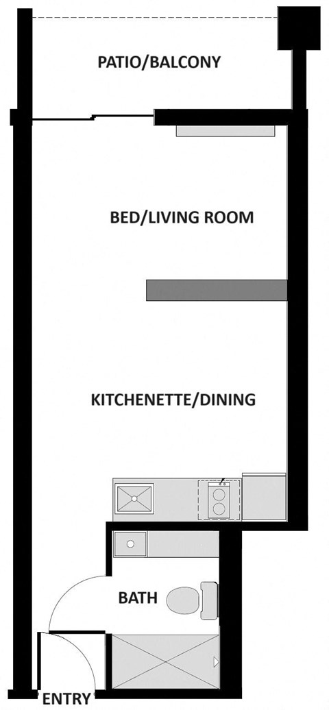 a floor plan of a room with a bathroom and a bed